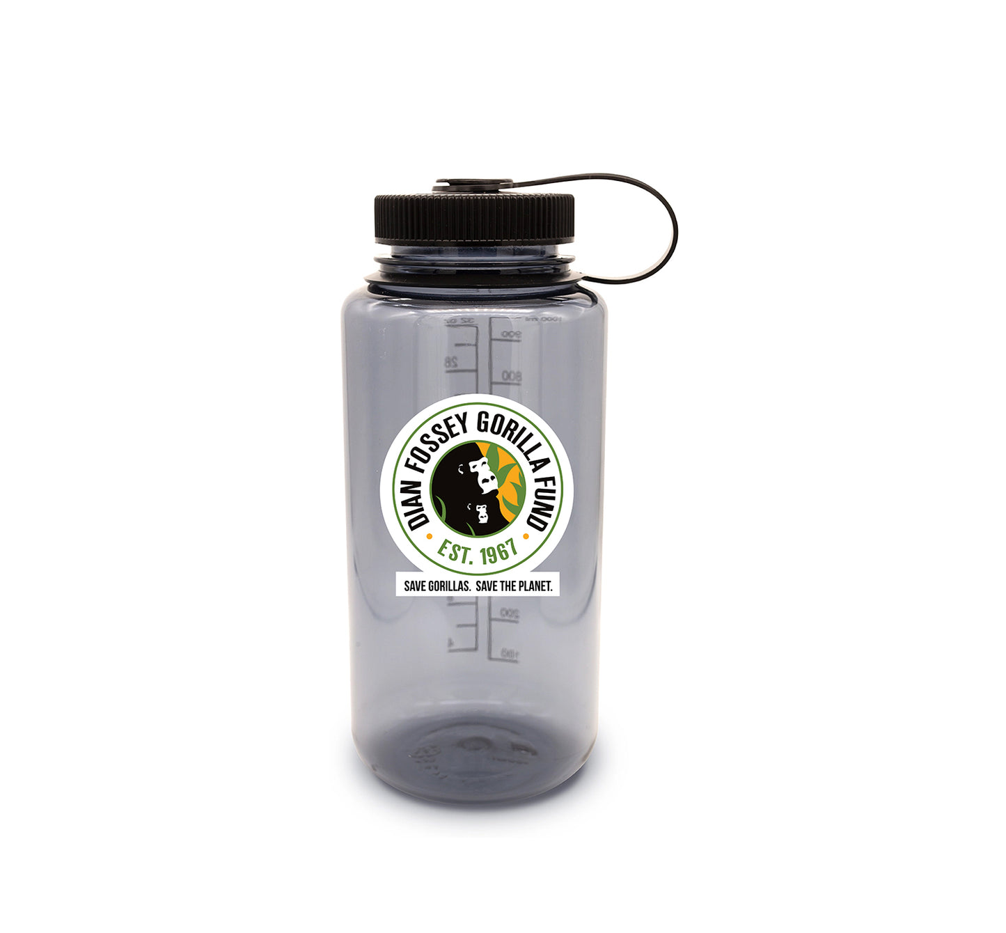 A gray Nalgene water bottle with a label featuring the Dian Fossey Gorilla Fund logo.