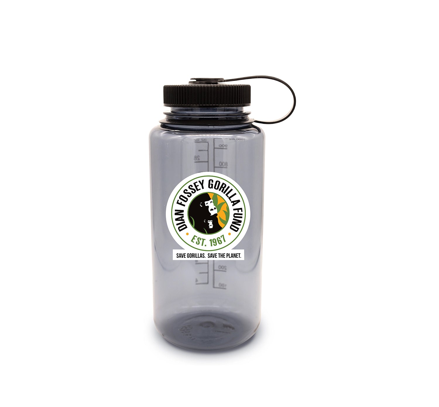 A gray Nalgene water bottle with a label featuring the Dian Fossey Gorilla Fund logo.