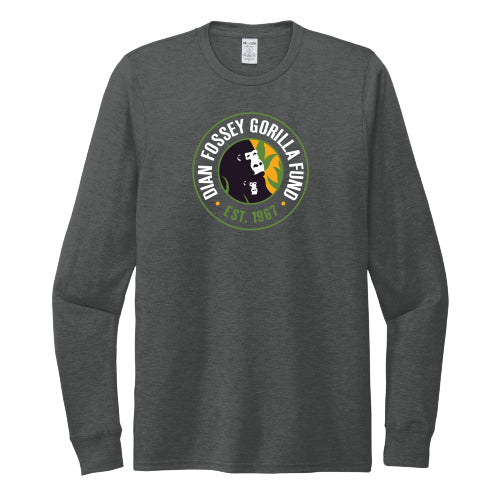 A long sleeve gray t-shirt with the Dian Fossey Gorilla Fund logo printed on the front.